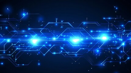 Poster - Futuristic Blue Tech Background, Flowing Pattern Of Digital Circuits And Bright Light Points