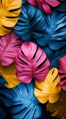 Aufkleber - A lively arrangement of colorful palm leaves forms an abstract background, showcasing hues of blue, yellow, and pink. This visual tapestry invites creativity and exploration of nature's beauty