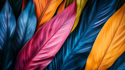 Aufkleber - Brightly colored palm leaves create a lively and abstract backdrop, intertwining shades of blue, pink, yellow, and green, evoking a tropical ambiance full of energy and creativity