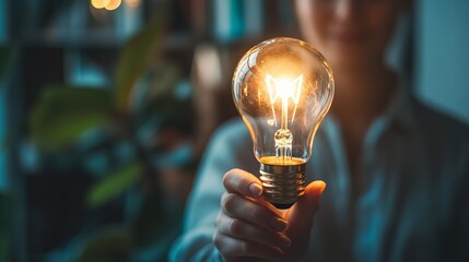 Poster - Bright Ideas Glowing Lightbulb Inspiration Innovation Concept Woman Holding Illuminated Bulb Successful Business Startup Creative Thinking New        