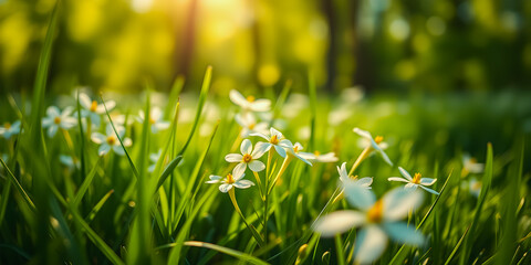Wall Mural - artistic nature closeup daisy flowers on meadow floral abstract background. peaceful sunny spring me