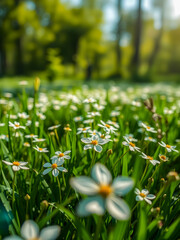 Wall Mural - artistic nature closeup daisy flowers on meadow floral abstract background. peaceful sunny spring me