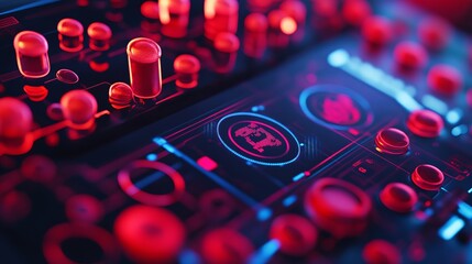 Poster - Abstract Futuristic Technology Interface Red Neon Lights Digital Control Panel Buttons Screen Display Modern Design Background SciFi User Interface   