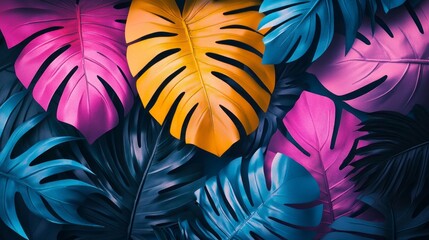 Aufkleber - Rich hues of pink, yellow, and blue overlap in a mesmerizing pattern of tropical palm leaves. This vibrant display captures the essence of summer and playful creativity, inviting joy into any space