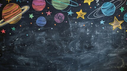 Wall Mural - chalkboard drawing of planets and stars.