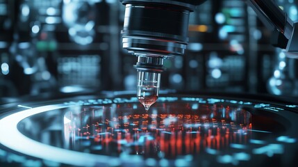 Poster - Advanced Scientific Microscopic Research Futuristic Laboratory Technology Digital Data Analysis Red Blue High Tech Equipment Precise Experiment       