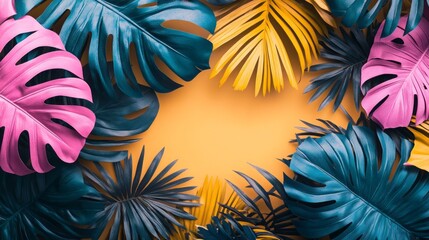 Aufkleber - Bright and lively palm leaves in shades of pink, blue, and yellow form an engaging abstract background. This tropical composition invites creativity and warmth, embodying summer spirit