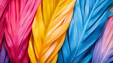 Aufkleber - In a striking display of color, palm leaves in shades of pink, yellow, and blue intertwine, forming an abstract tapestry that evokes a sense of playful beauty and tropical bliss
