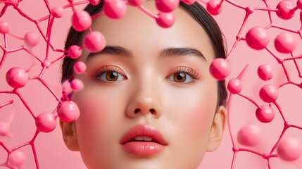 Poster - Close Up Portrait Young Woman Amid Pink Spheres, Surreal Soft Lighting, Makeup