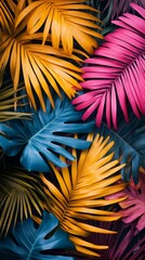 Aufkleber - Brightly colored palm leaves create an abstract tapestry of orange, pink, and blue hues. This vibrant composition invigorates the senses, evoking a tropical paradise atmosphere