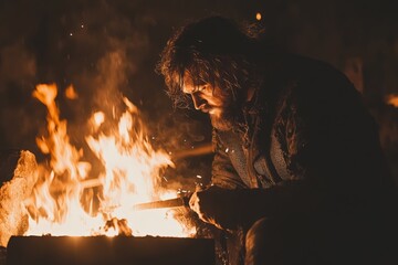 Poster - Intense blacksmith working with fire at night in a rustic setting, crafting metal tools with focused concentration