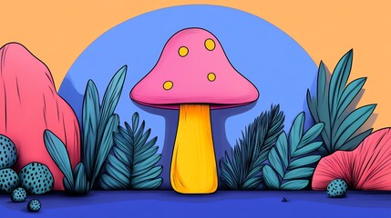 Poster - Pixel Art Mushroom in Teal Foliage and Sunset Background