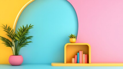 Poster - Pastel Room Interior With Yellow Shelf And Potted Plant