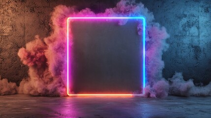 Poster - Neon Square Frame In Colorful Smoke Clouds