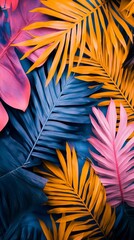 Aufkleber - An explosion of color comes to life through a beautiful arrangement of palm leaves, showcasing vivid hues of pink, orange, and blue that evoke a sense of tropical paradise and artistic flair