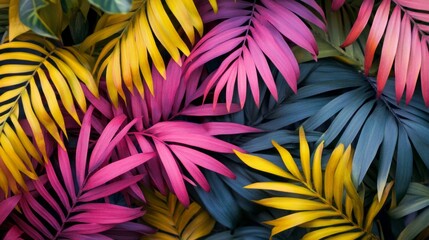 Aufkleber - An array of vibrant palm leaves bursts with color, showcasing shades of pink, yellow, and green. This lively composition offers an enchanting tropical vibe, ideal for creative projects