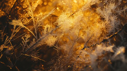 Poster - A stunning macro shot of ice crystals on tree branches, glowing softly in the winter sunlight.