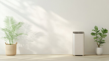 Aufkleber - modern portable air conditioner placed in minimalist room with potted plants and soft natural light