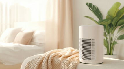 Poster - modern air purifier placed on cozy bed with soft blankets, surrounded by natural light and indoor plants