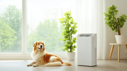 Aufkleber - portable air conditioner in bright living room with happy dog and green plants