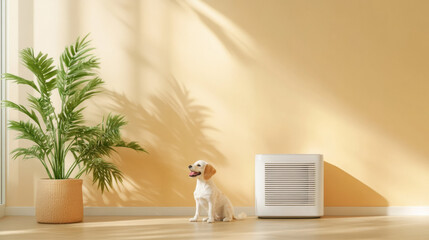 Aufkleber - cheerful dog sits on wooden floor near modern air purifier and potted plant, with sunlight streaming through window