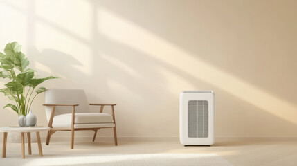 Poster - modern air purifier in cozy living room with beige armchair, wooden table, and green plant