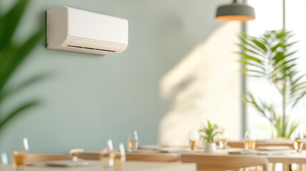 Aufkleber - modern air conditioner mounted on light green wall in bright dining area with wooden furniture and indoor plants