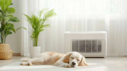 Poster - golden retriever peacefully sleeps on rug in bright room with air conditioner and indoor plants
