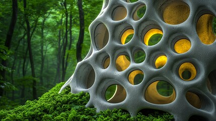 Poster - Abstract Gray Stone Honeycomb Structure Glowing Yellow in Lush Green Forest