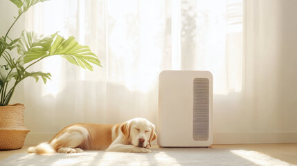 Aufkleber - cozy dog rests beside modern air purifier in bright, sunlit room with potted plant