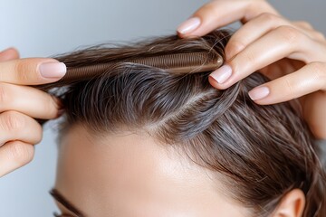 Regrowth treatment for hair loss Styling hair with a comb, close-up of hands and hair texture.