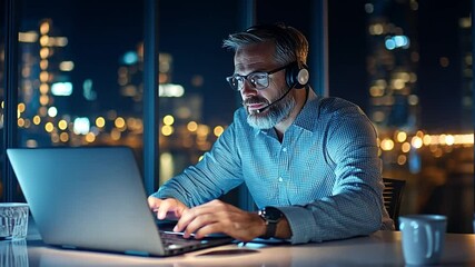 Poster - Man working late at night on a laptop in an urban office with city lights in the background