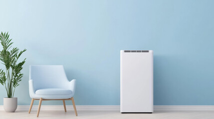 Aufkleber - modern air conditioner in minimalist room with blue chair, plant, and light blue wall