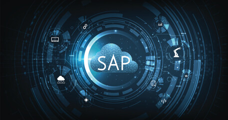 Fototapete - System Applications and Product (SAP) on dark blue background. Program helps manage business to access information quickly accurately. 