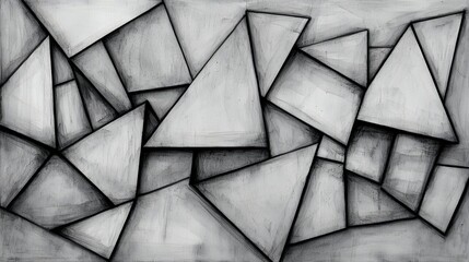 Poster - Abstract Grayscale Geometric Composition of Overlapping Triangles and Squares