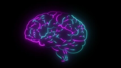 Computer generated icon of the human brain. neon brain animated neon brain thinking with neon light running through the meanders. 3d rendering