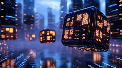 Aufkleber - Glowing Cubes Hovering Over Futuristic City at Night