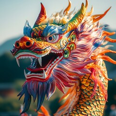 Naklejka na meble A colorful dragon sculpture presents its head and mouth