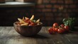 © Robani - Wooden Bowl of Tomato-Based French Fries on Rustic Table