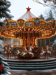 Winter carousel with lights in festive park setting