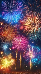 vivid colorful exploding fireworks at night with brilliant lights