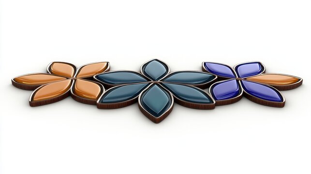 Three Glossy Stylized Flowers in Orange, Teal, and Purple