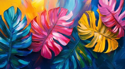 Aufkleber - Colorful palm leaves stretch across a vivid, abstract backdrop filled with swirls of bright yellows, blues, and pinks. This artwork merges nature and creativity, breathing life into the canvas