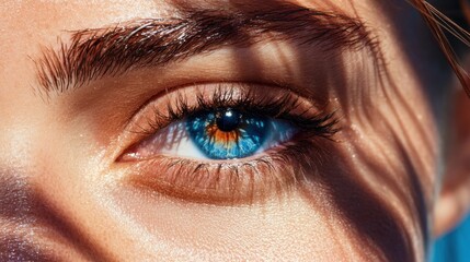 Close-up of caucasian female with blue eyes in natural light and shadow detail. Summer Tire Changeover Month