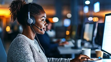 Poster - Focused support agent assisting clients while working in a modern office environment
