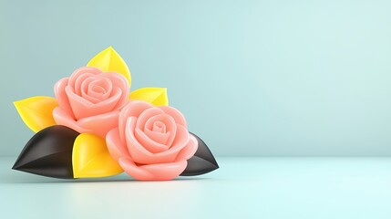 Poster - Pink 3d Roses With Yellow And Black Leaves On Light Blue Background