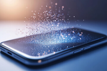 Poster - Bright sparkles seem to rise from a smartphone screen in a dimly lit workspace during evening hours, creating a dynamic and futuristic atmosphere. Generative AI