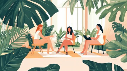 Wall Mural - Three women engaged in conversation amidst lush greenery in a bright, modern indoor space