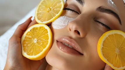 Wall Mural - A woman is receiving a facial treatment at a spa, with lemon slices placed on her eyes.