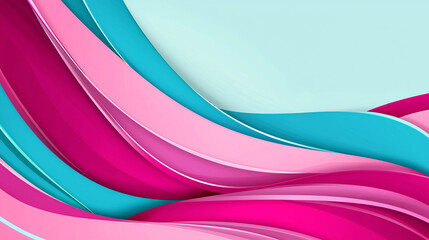 Poster - A vibrant abstract design featuring flowing curves in shades of pink and turquoise against a soft blue background.